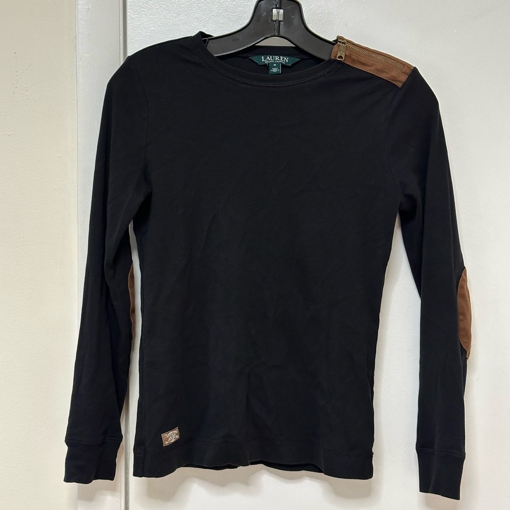 Black Long Sleeve Shirt with Brown Suede Elbow Patches | Ralph Lauren